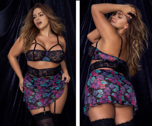 Mapale 7496X Curvy Size Babydoll Three Piece Set Color Dream Flower Print.