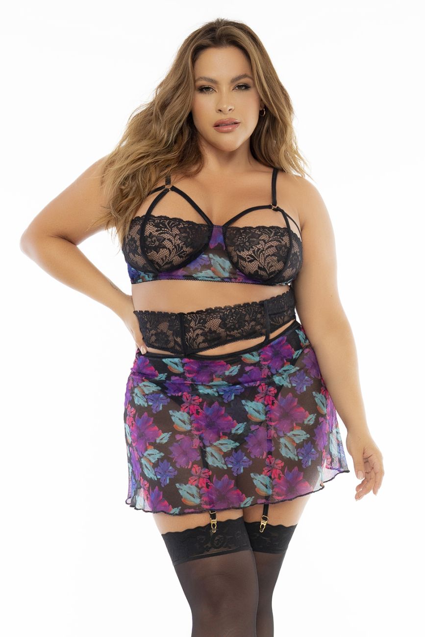 Mapale 7496X Curvy Size Babydoll Three Piece Set Color Dream Flower Print.