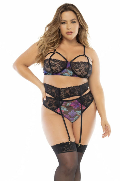 Mapale 7496X Curvy Size Babydoll Three Piece Set Color Dream Flower Print.