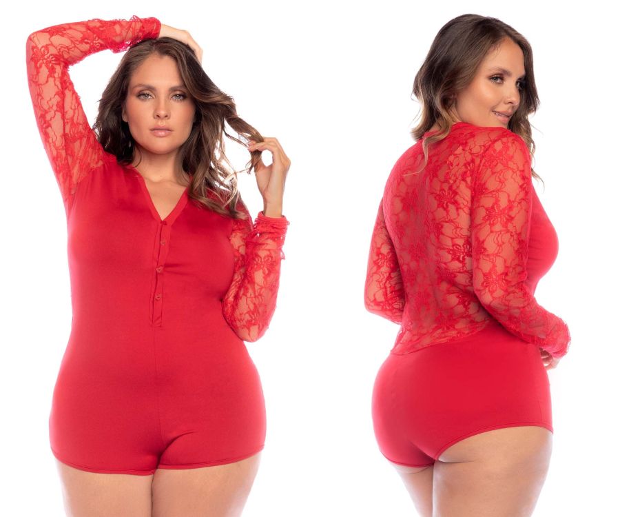 Mapale 7594X Curvy Size Long Sleeve Sleep Romper Color Red.