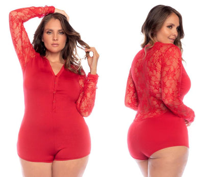 Mapale 7594X Curvy Size Long Sleeve Sleep Romper Color Red.