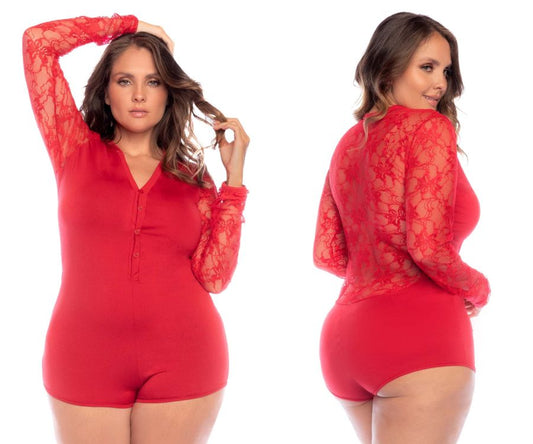 Mapale 7594X Curvy Size Long Sleeve Sleep Romper Color Red.