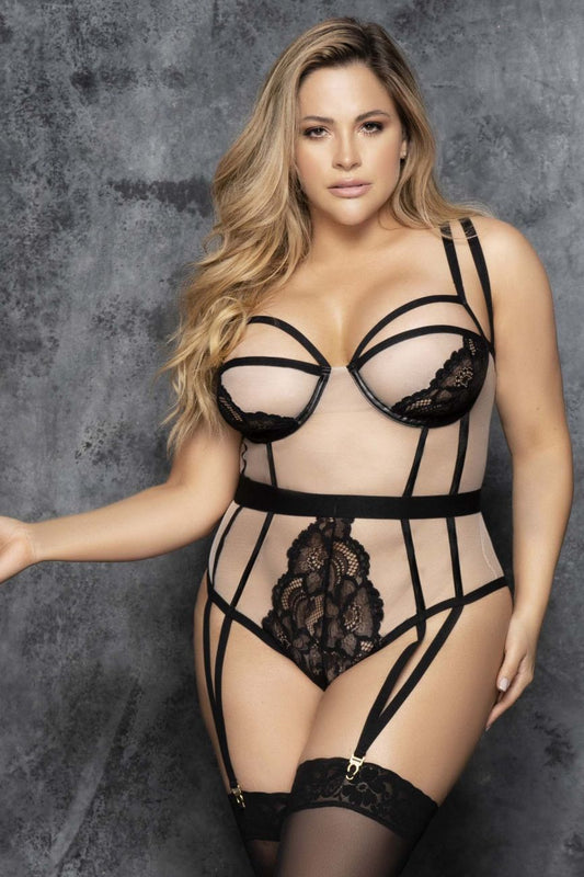 Mapale 8599X Curvy Size Peek-A-Boo Teddy Color Nude-Black.