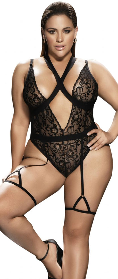 Mapale 8605X Curvy Size Peek-a-boo Bodysuit Color Black.