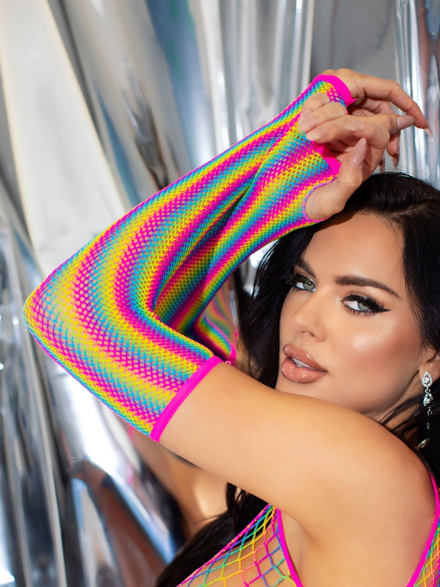 Rainbow Net Fingerless Arm Warmer Gloves