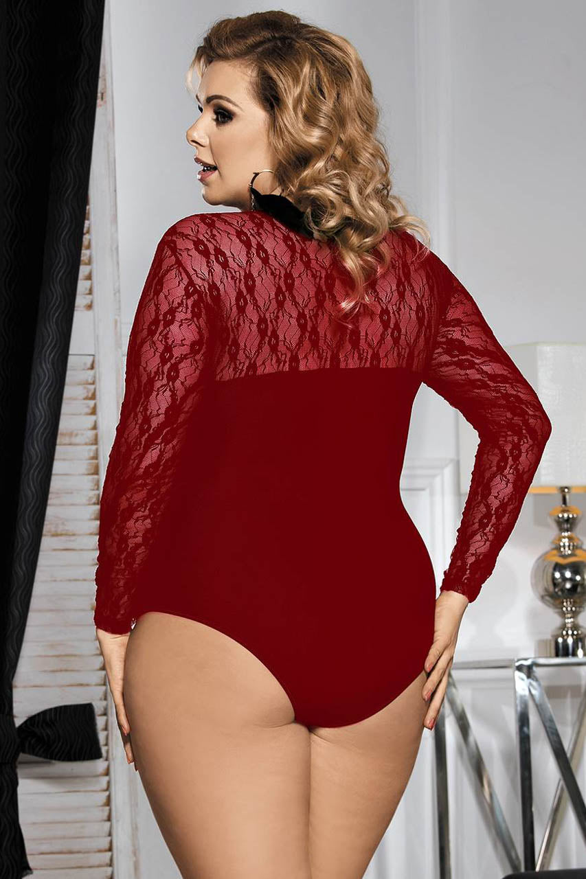 Plus Size Stretch Long Sleeve Lace Bodysuit.