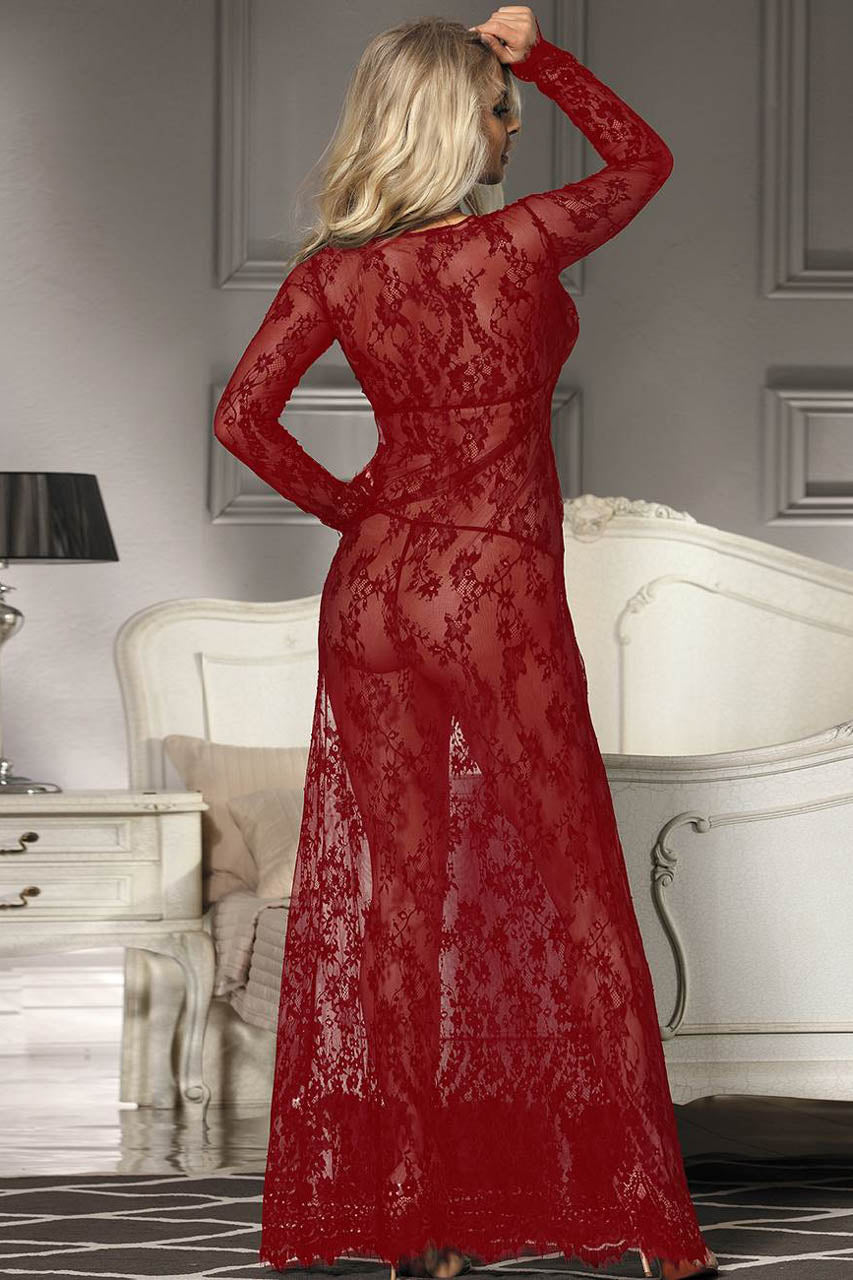 Long Lace V Neck Gown.