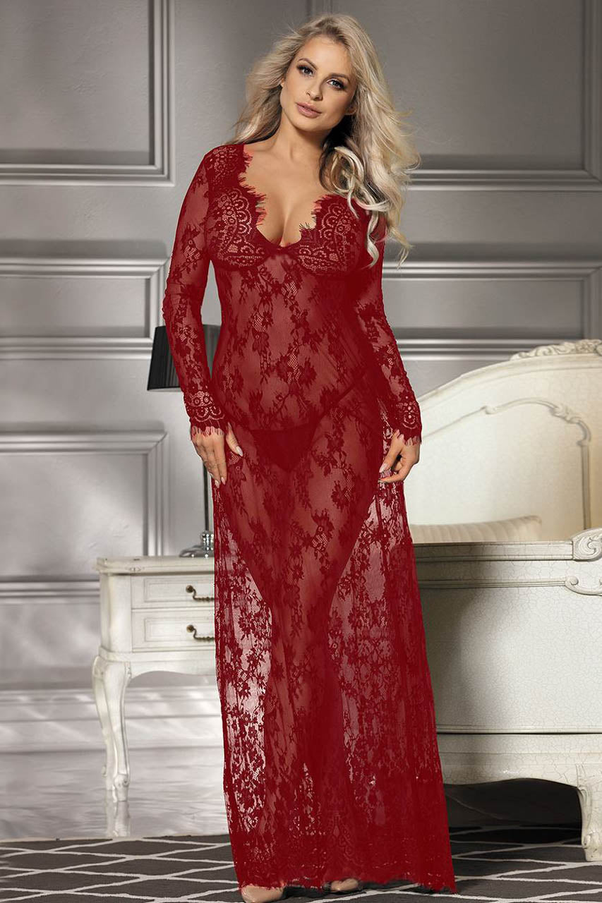 Long Lace V Neck Gown.