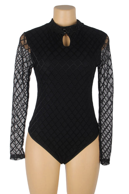 High Neck Mesh Sleeve Lingerie Teddy.