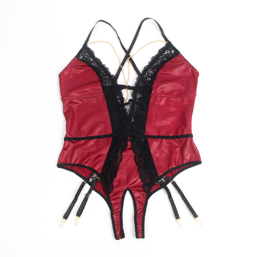 Burgundy Faux Leather Teddy Lingerie.