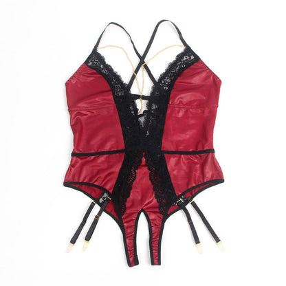 Burgundy Faux Leather Teddy Lingerie.