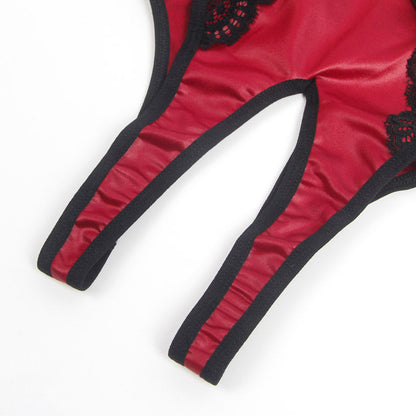 Burgundy Faux Leather Teddy Lingerie.