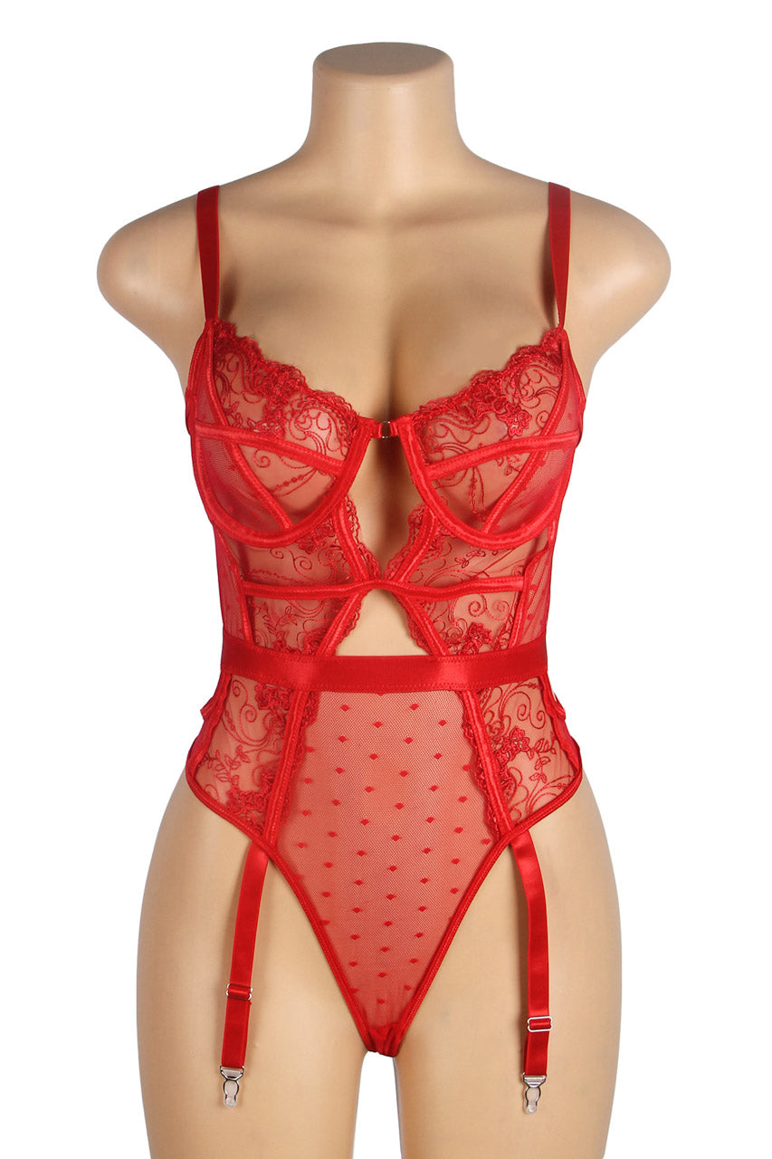 Embroidered Lace Hollow Cut Teddy Lingerie