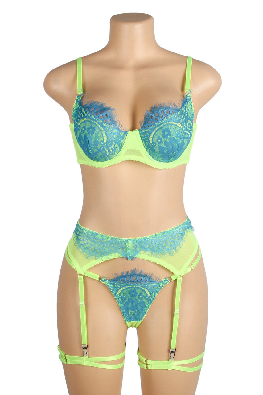 Neon Lace Bra and Garter Set.