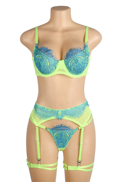 Neon Lace Bra and Garter Set.