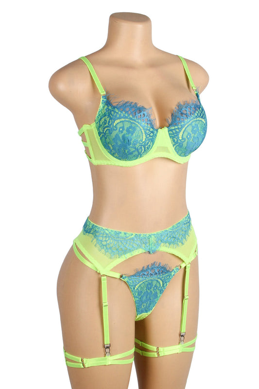 Neon Lace Bra Lingerie Set.