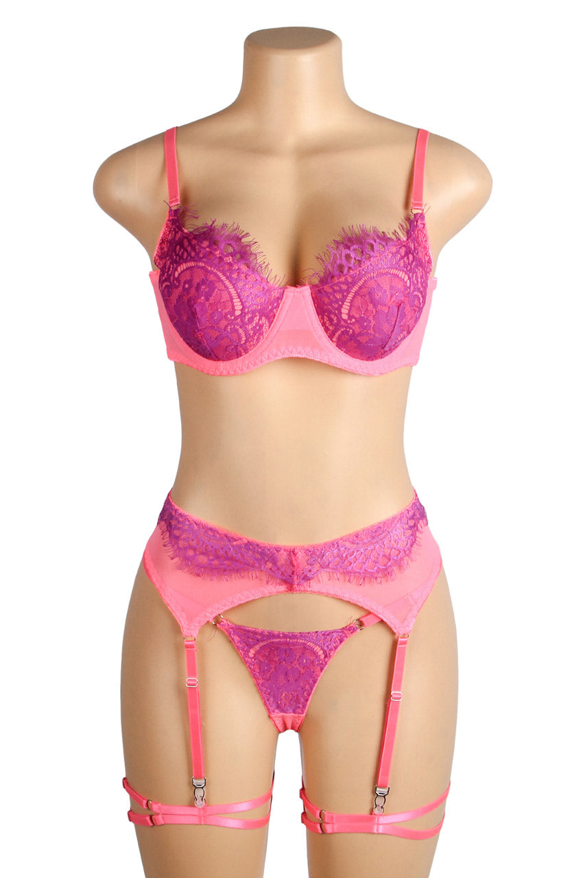 Neon Lace Bra Lingerie Set.