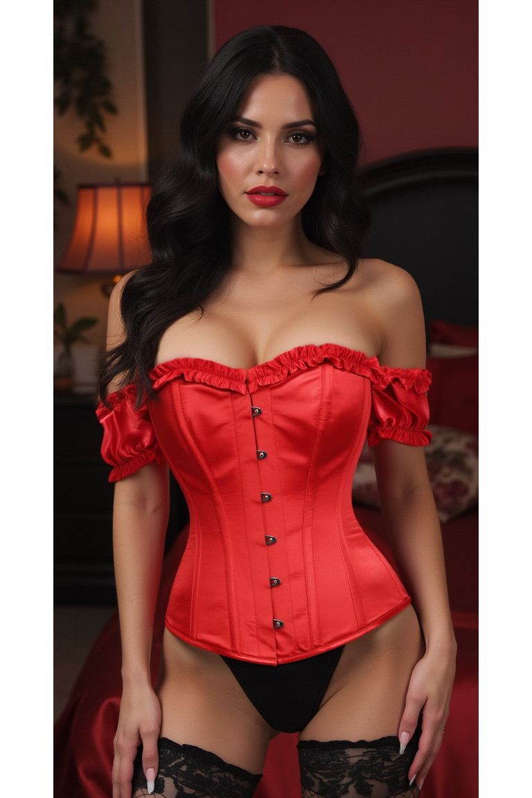 Top Drawer Steel Boned Red Satin Overbust Corset w/Sleeves.