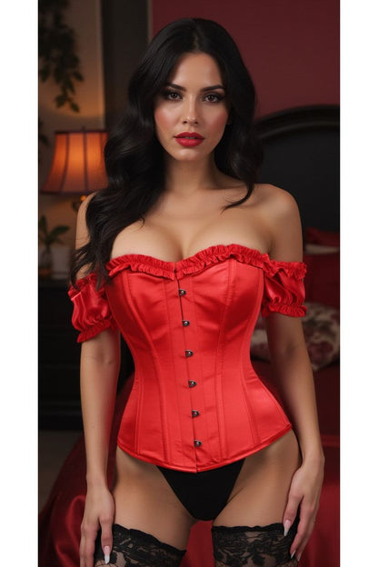Top Drawer Steel Boned Red Satin Overbust Corset w/Sleeves.