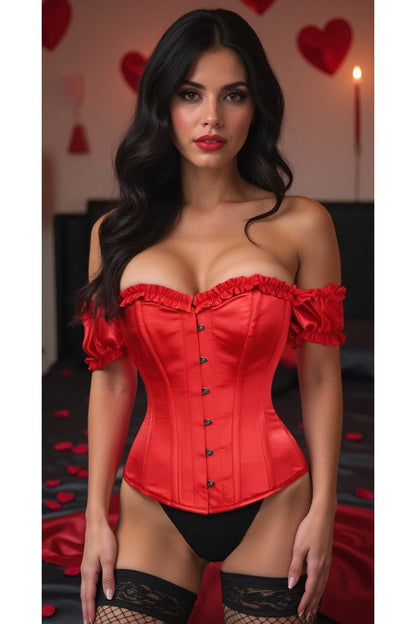 Top Drawer Steel Boned Red Satin Overbust Corset w/Sleeves.