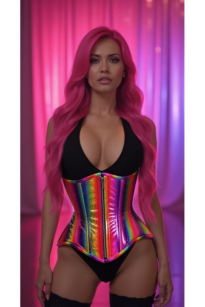 Top Drawer Rainbow Glitter Double Steel Boned Underbust Waist Cincher Corset
