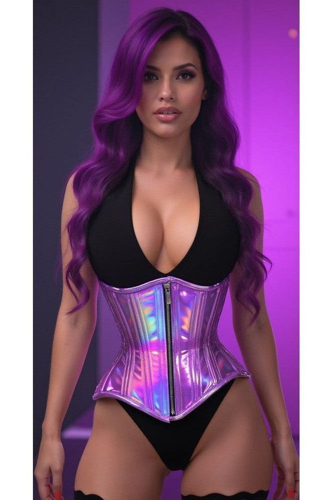 Top Drawer Lavender Holo Double Steel Boned Underbust Waist Cincher Corset