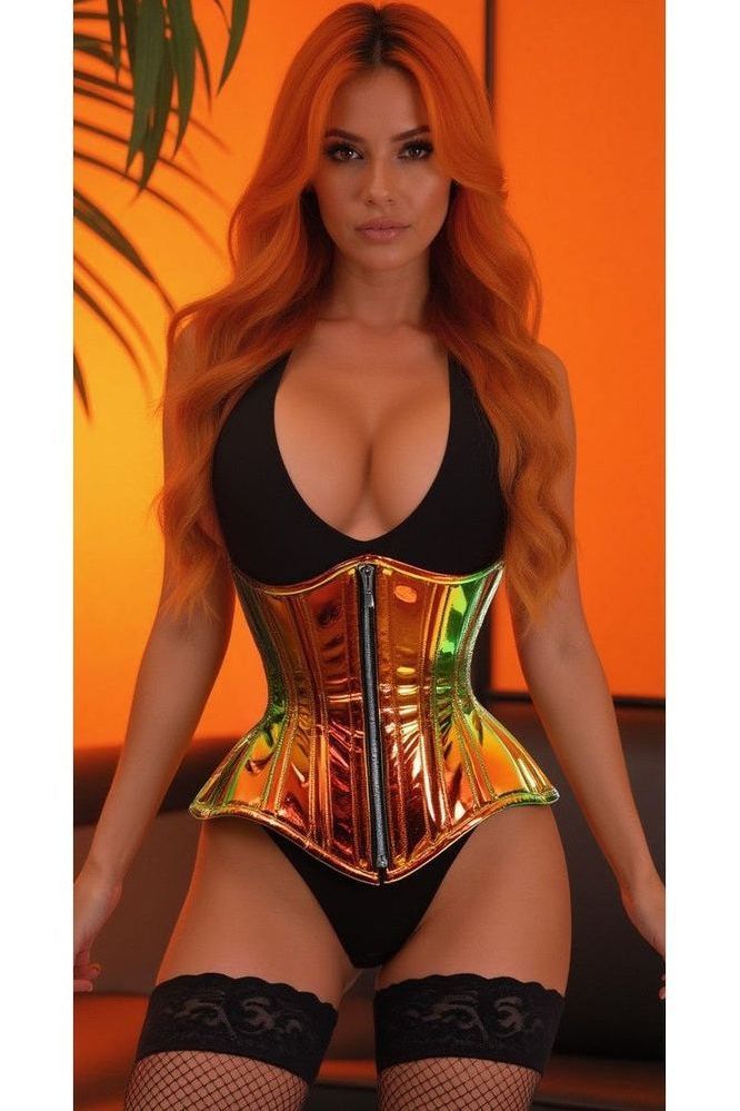 Top Drawer Orange/Gold Sunset Holo Double Steel Boned Underbust Waist Cincher Corset