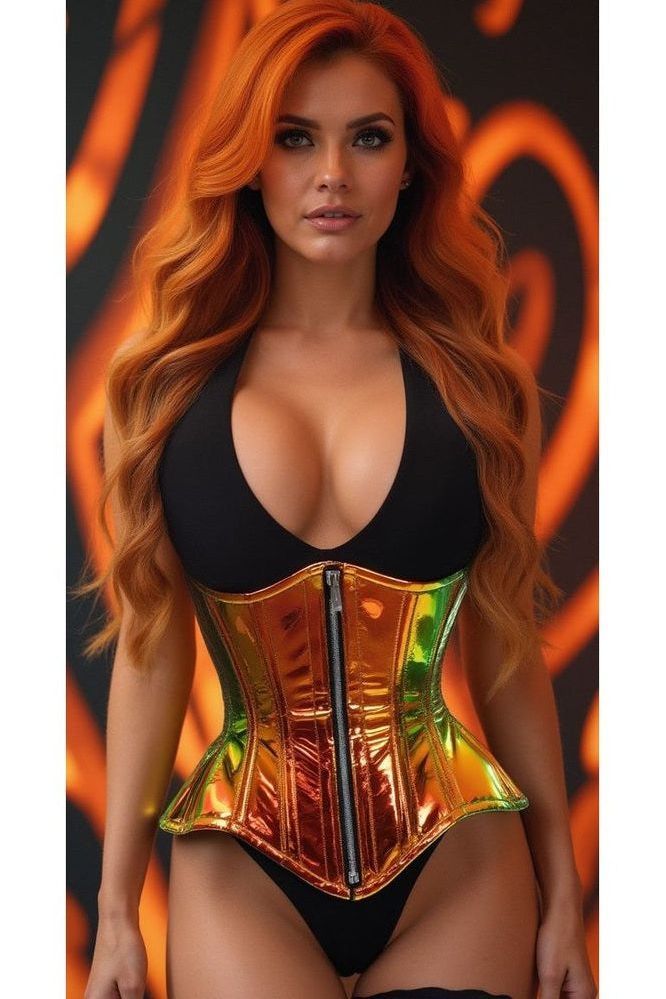Top Drawer Orange/Gold Sunset Holo Double Steel Boned Underbust Waist Cincher Corset