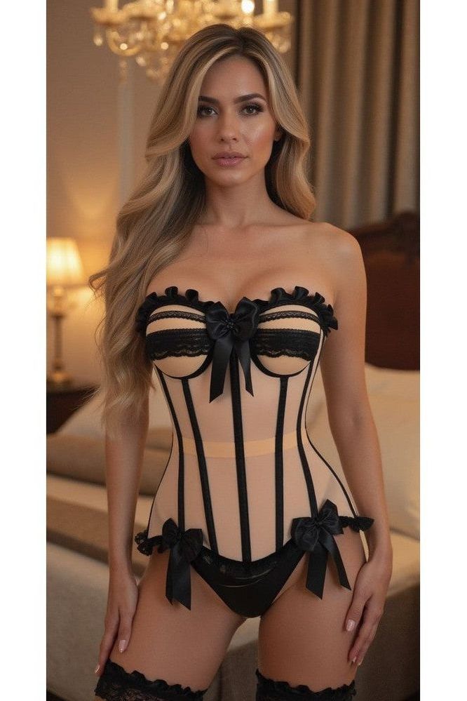 Top Drawer Steel Boned Blush Beige & Black Mesh Underwire Bustier Corset