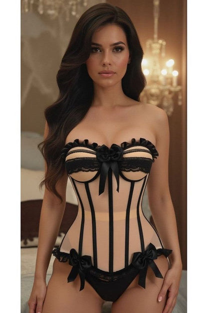 Top Drawer Steel Boned Blush Beige & Black Mesh Underwire Bustier Corset