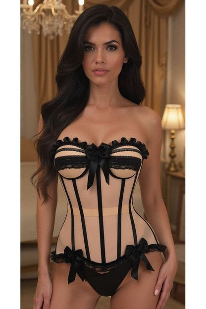 Top Drawer Steel Boned Blush Beige & Black Mesh Underwire Bustier Corset