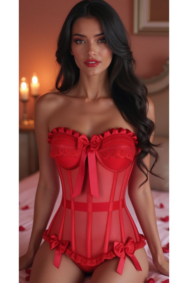 Top Drawer Steel Boned Red Mesh Underwire Bustier Corset.