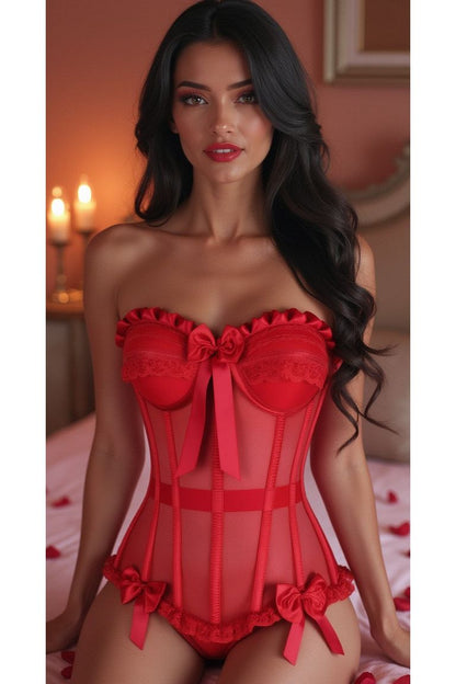 Top Drawer Steel Boned Red Mesh Underwire Bustier Corset.