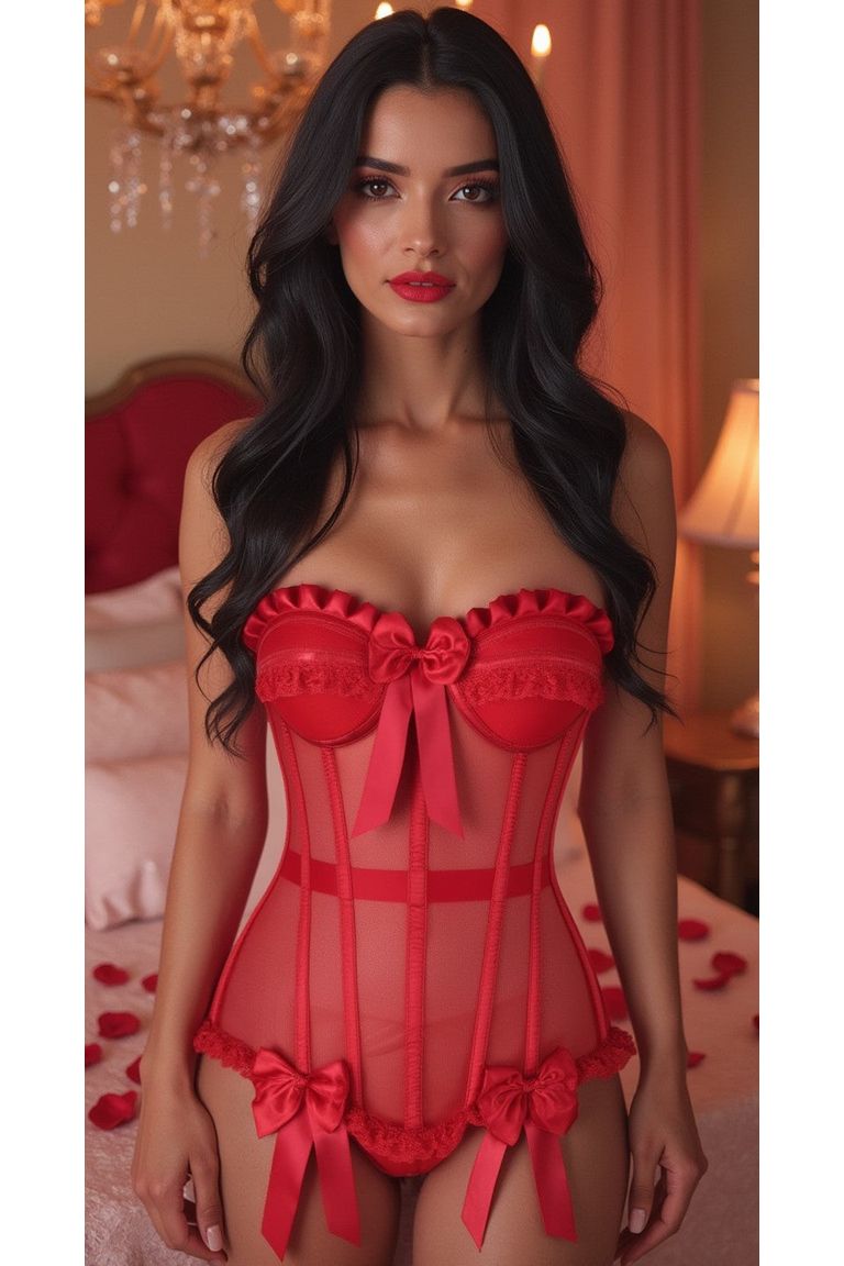 Top Drawer Steel Boned Red Mesh Underwire Bustier Corset.