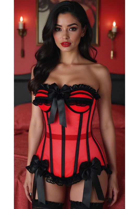 Top Drawer Steel Boned Red/Black Mesh Underwire Bustier Corset.