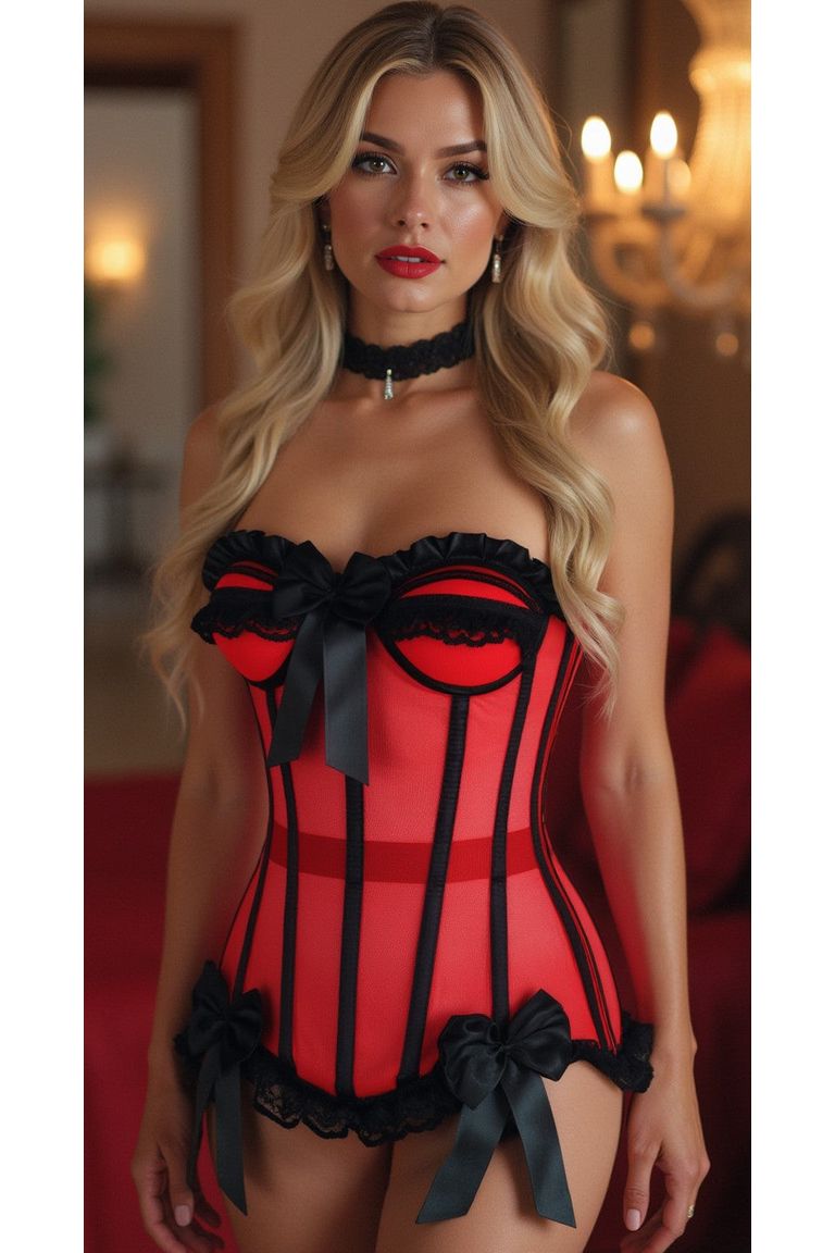 Top Drawer Steel Boned Red/Black Mesh Underwire Bustier Corset.