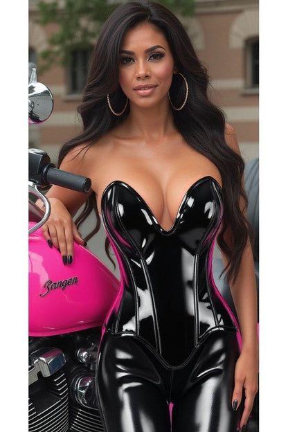 Top Drawer Steel Boned Black Patent Plunge Neckline Overbust Corset