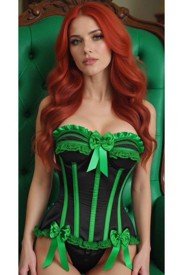 Top Drawer Black/Green Satin Steel Boned Burlesque Corset.