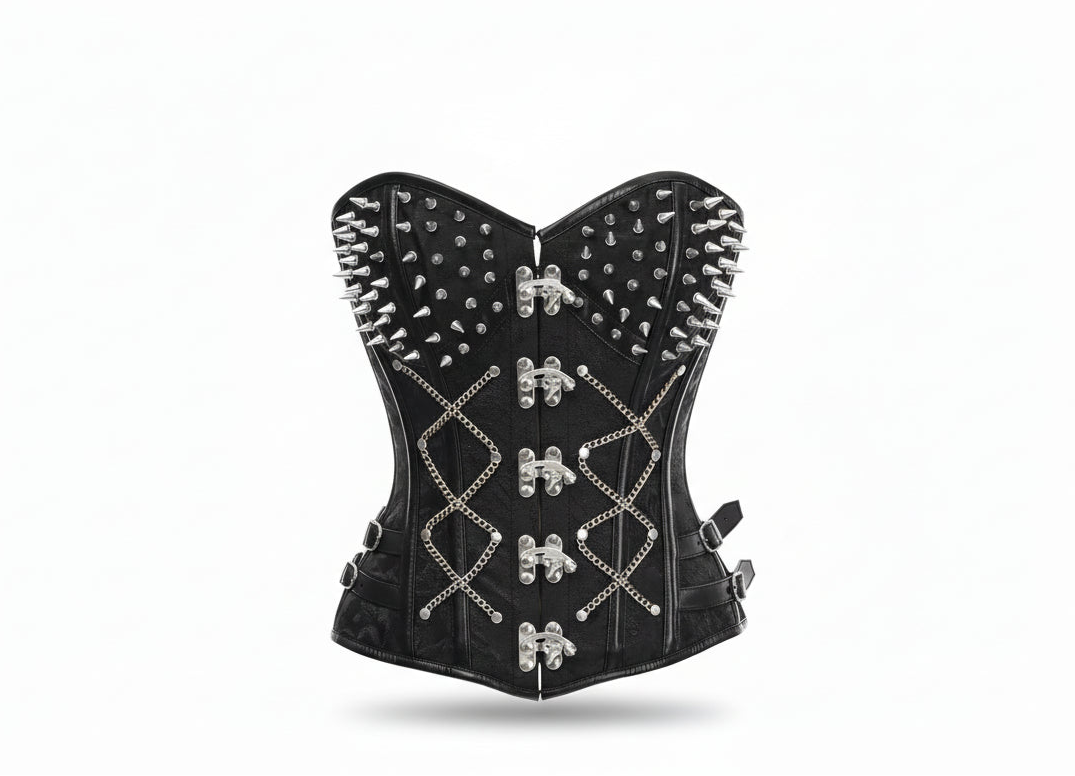 Top Drawer Black Brocade & Silver Spikes Steel Boned Corset
