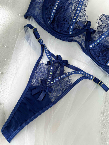 Midnight Sapphire Sparkle Lace Lingerie Set
