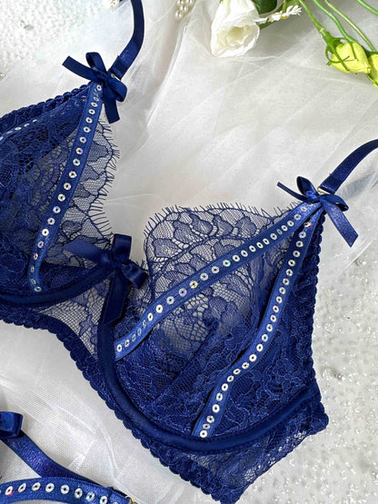 Midnight Sapphire Sparkle Lace Lingerie Set