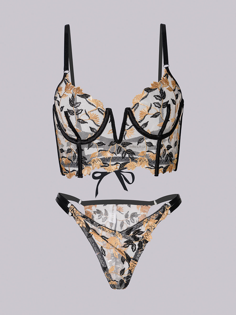 Black Embroidered Corset & Panty Lingerie Set.