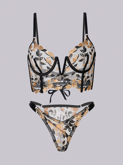 Black Embroidered Corset & Panty Lingerie Set.