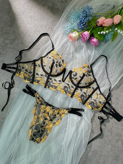 Black Embroidered Corset & Panty Lingerie Set.