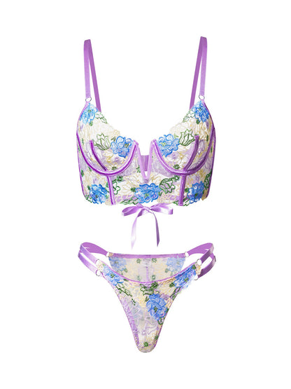 Purple Florals Embroidery Bustier  Lingerie Set