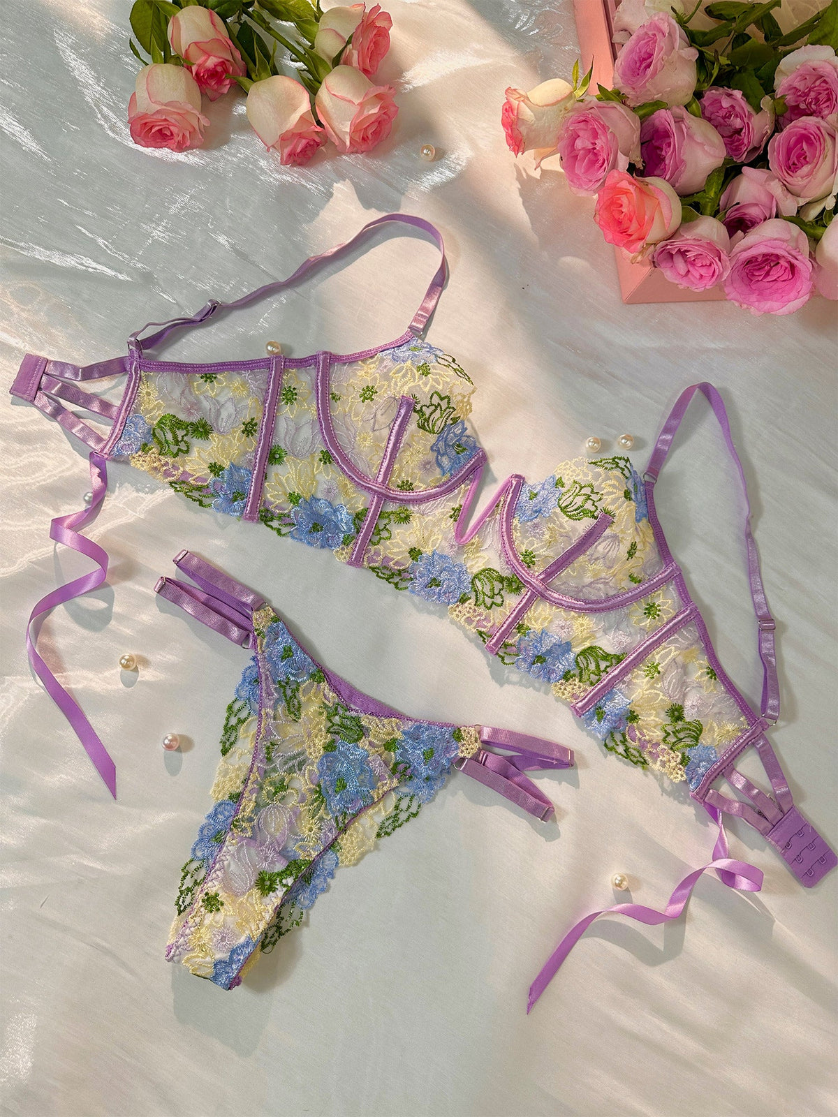 Purple Florals Embroidery Bustier  Lingerie Set