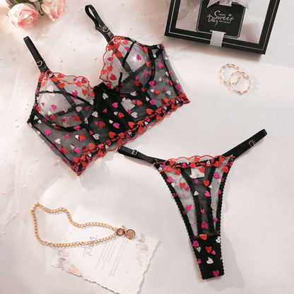 Amora Sheer Heart Embroidered 2 Piece Lingerie Set - Unspoken Fashion