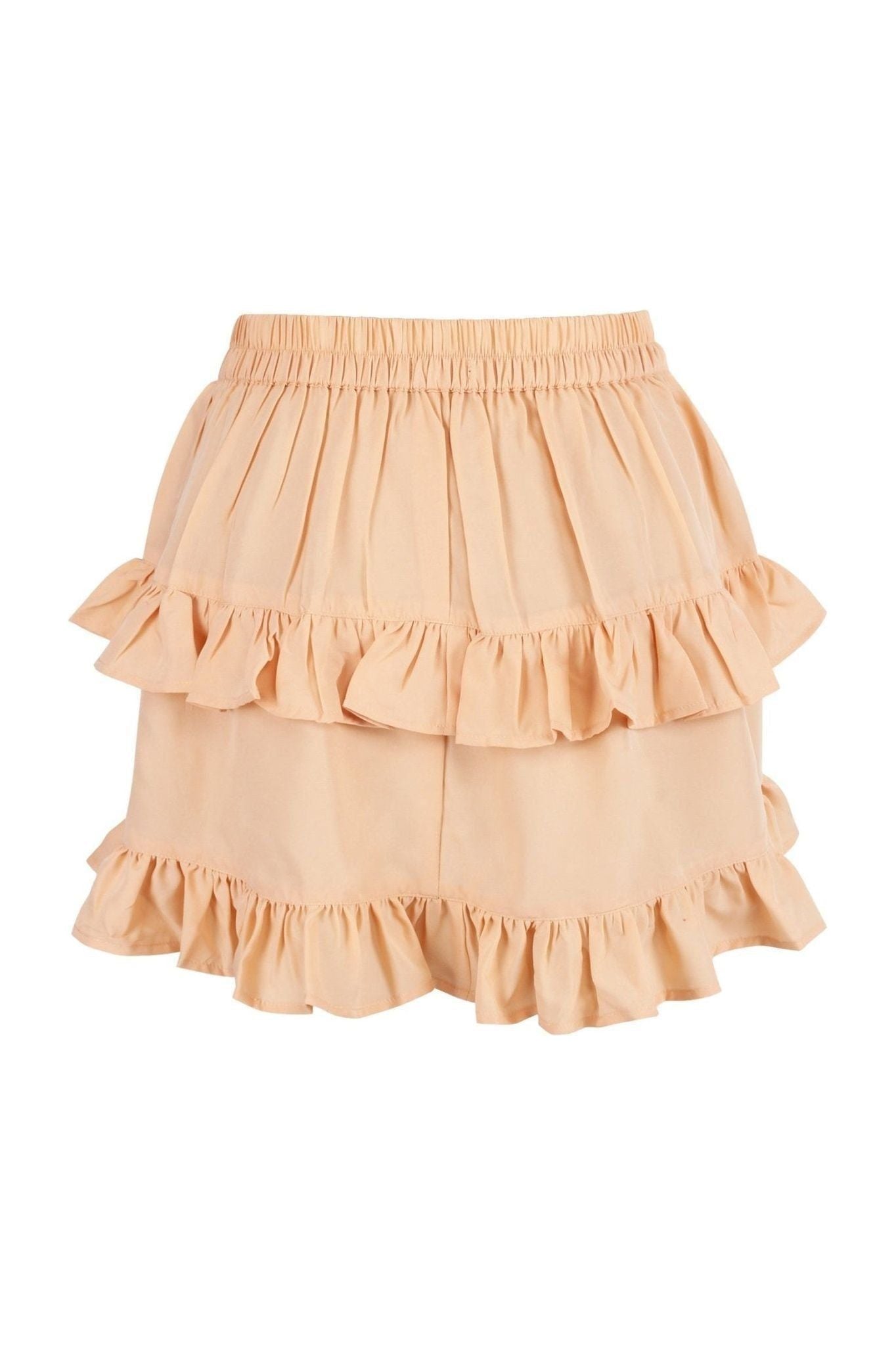 Beige Crepe Ruched Bustle Skirt.