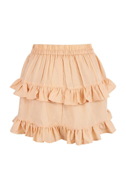 Beige Crepe Ruched Bustle Skirt.