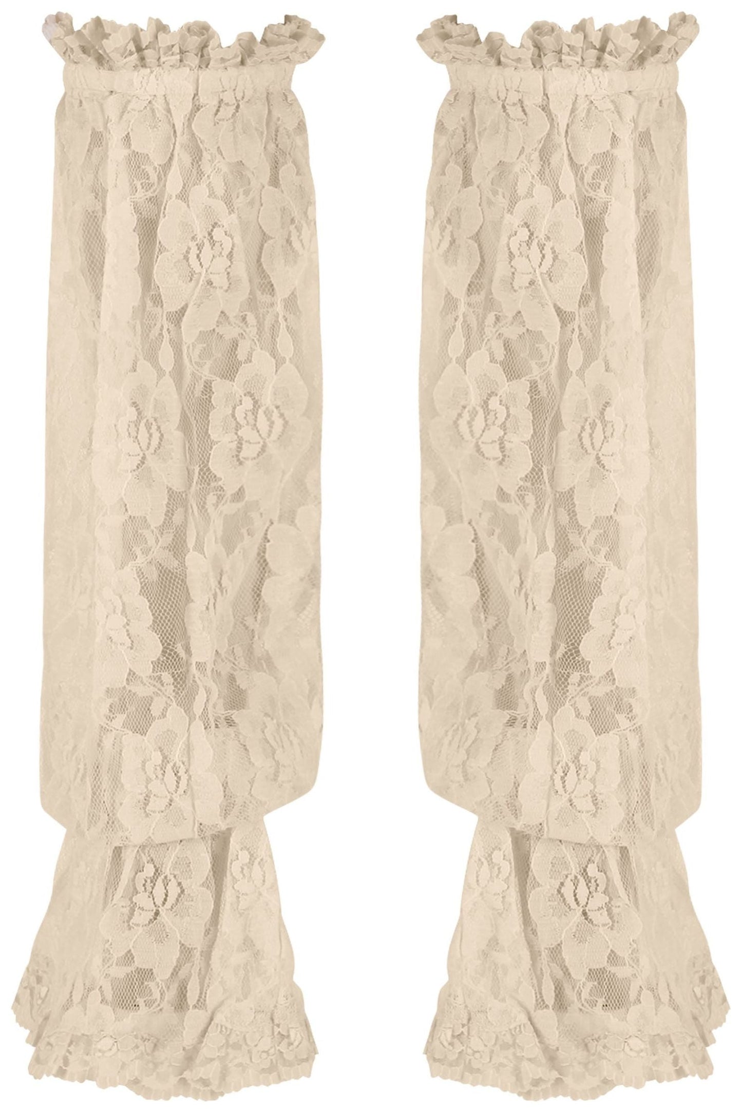 Beige Sheer Lace Smocked Sleeves.